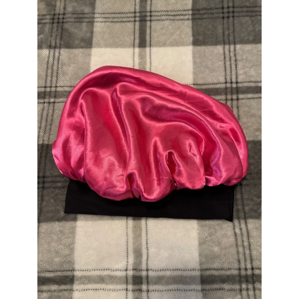 Womens Satin Hair Bonnet Reversible Black/Pink Sleep Cap Wide Elastic Band